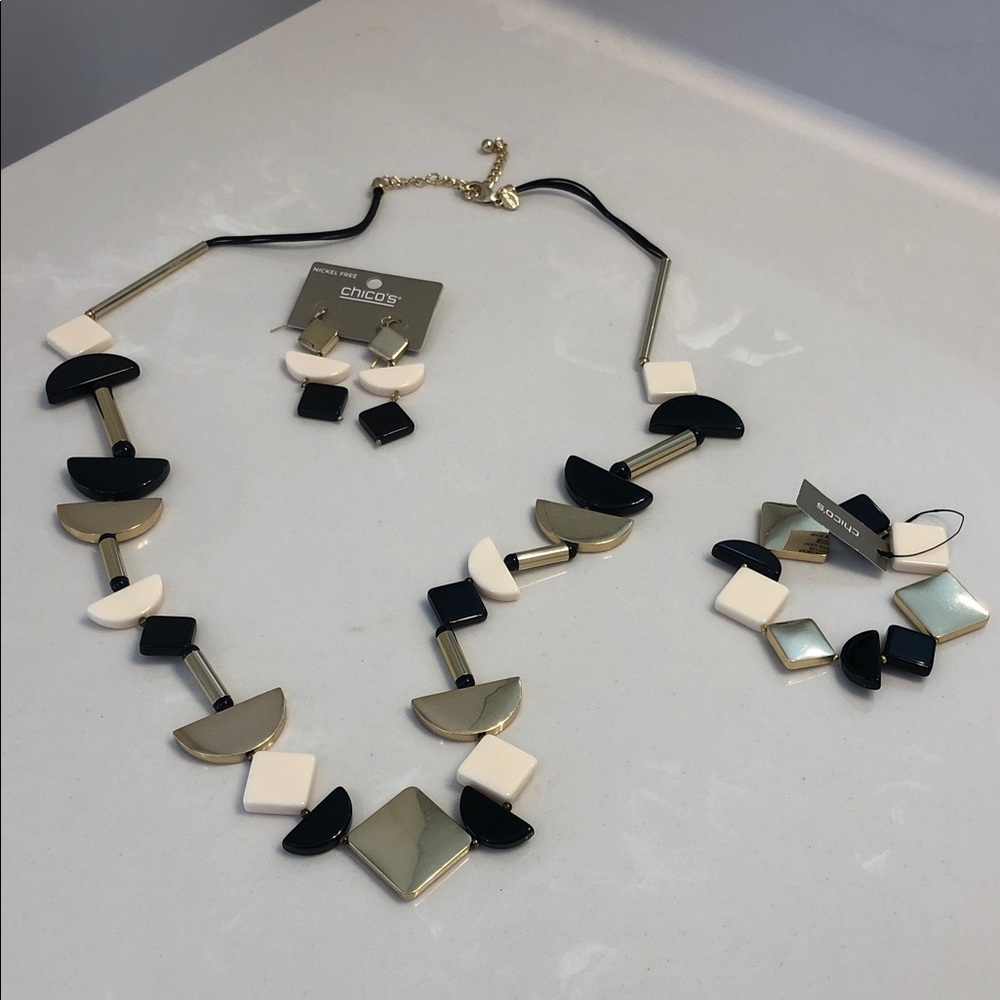 Chico's NWOT Odile Black and Cream and Gold Geometric Jewelry Set